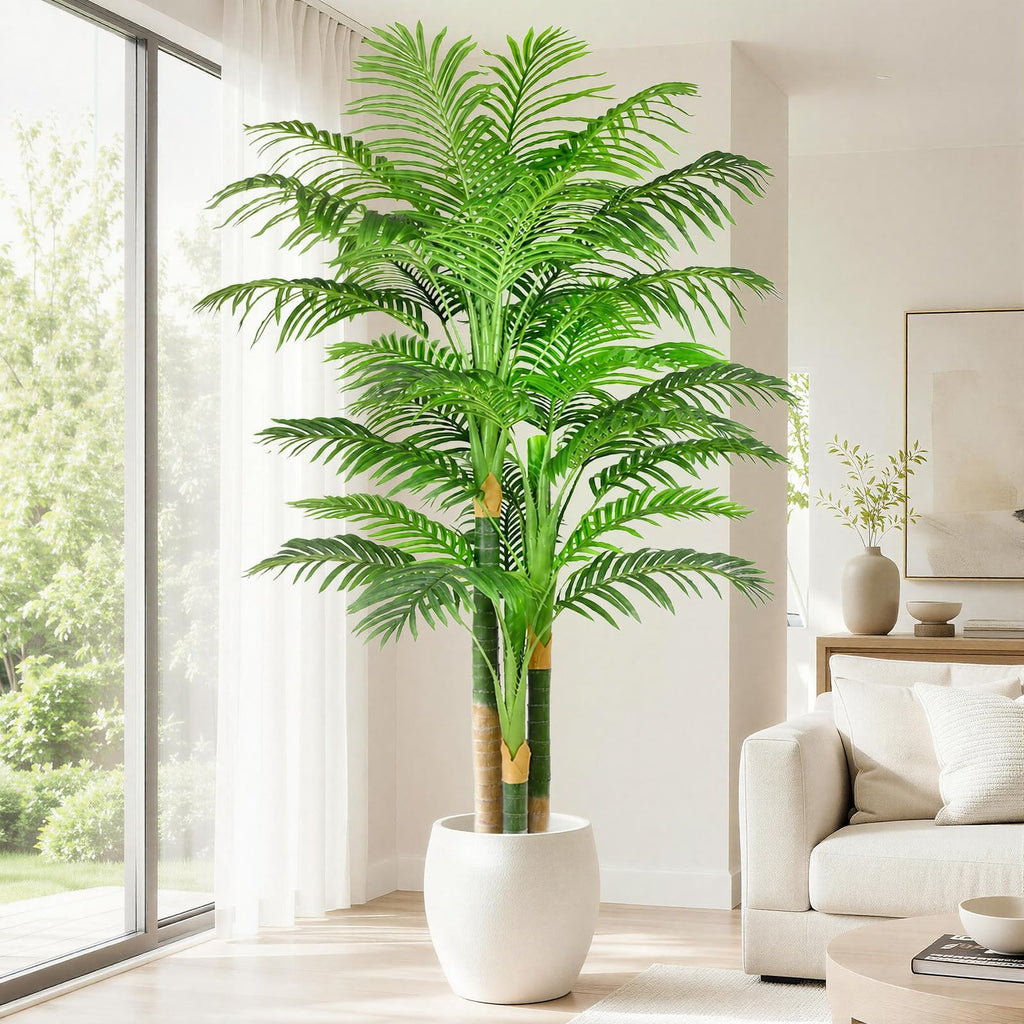 7ft Triple Golden Cane Palm Artificial Tree, Tall Faux Palm Tree with 33 Realistic Leaves, UV Resistant Fake Tropical