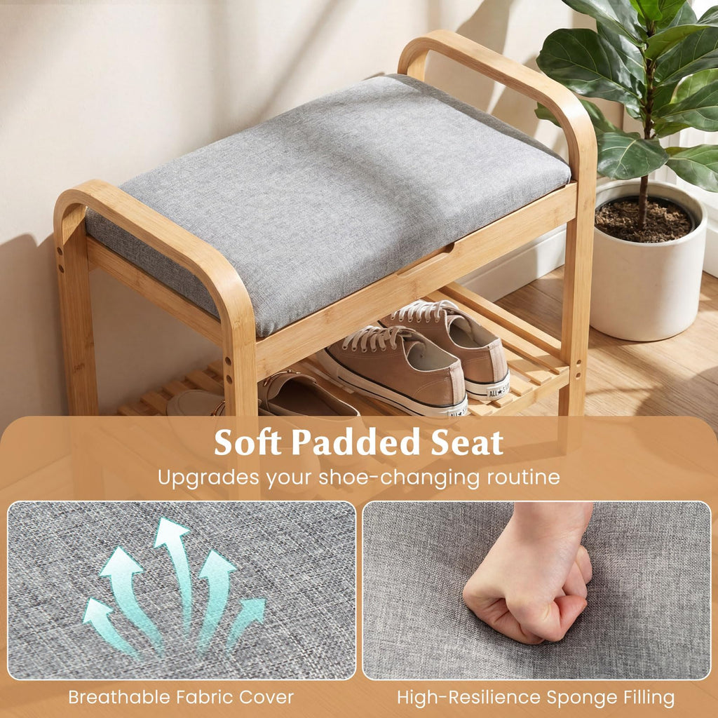 Small Entryway Bench with Storage, 2-Tier Bamboo Shoe Rack Bench with Flip Top Storage Space and Padded Cushion, Shoe