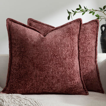 Pack of 2 Christmas Burgundy Fall Euro Shams Pillow Covers 26x26 Cozy Soft Chenille Decorative Throw Pillow Covers