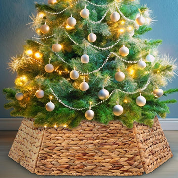 34 Inch Christmas Tree Collar Woven Hyacinth Christmas Tree Skirt Rattan Rustic Farmhouse Xmas Trees Base Cover Xmas