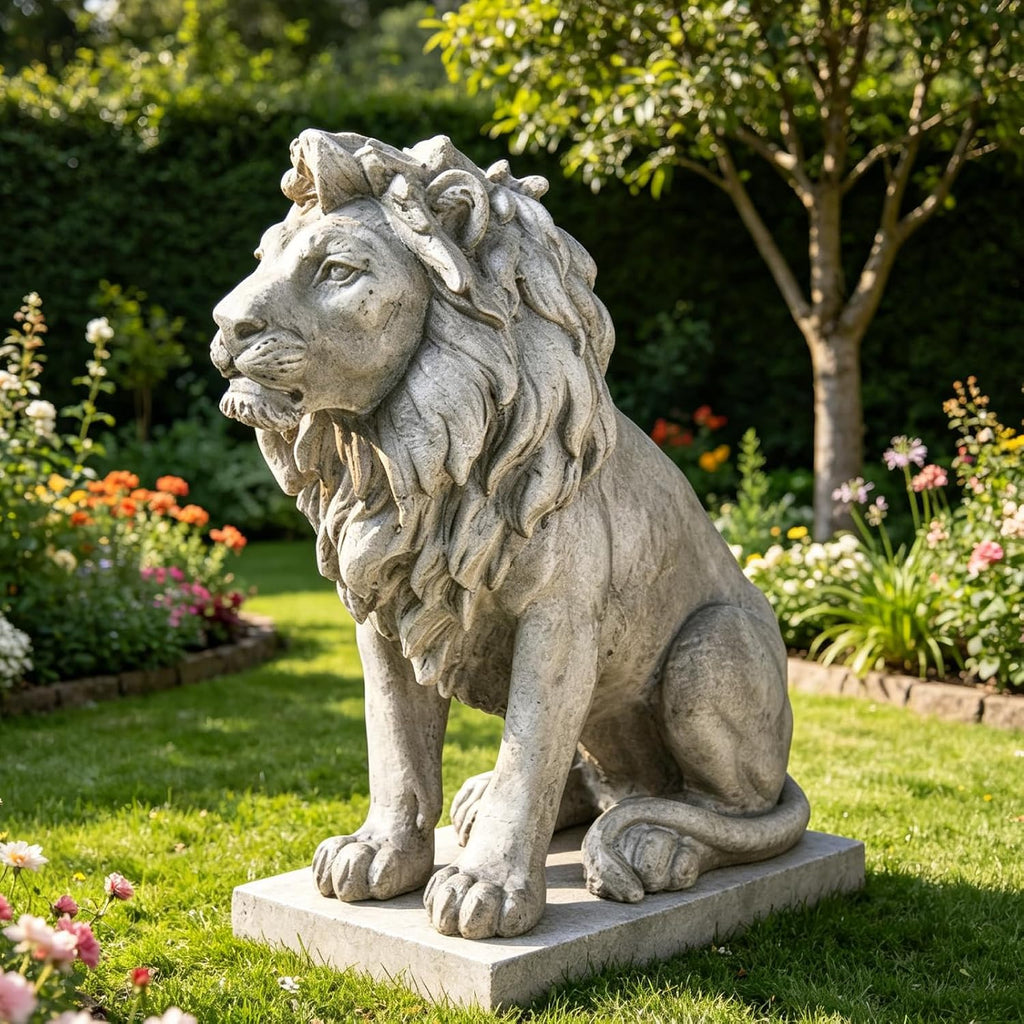 Garden Outdoor Statues Lion Statue - 20Inch Garden Decor Statue Antique Lion Stone with Long Hair Outdoor Indoor