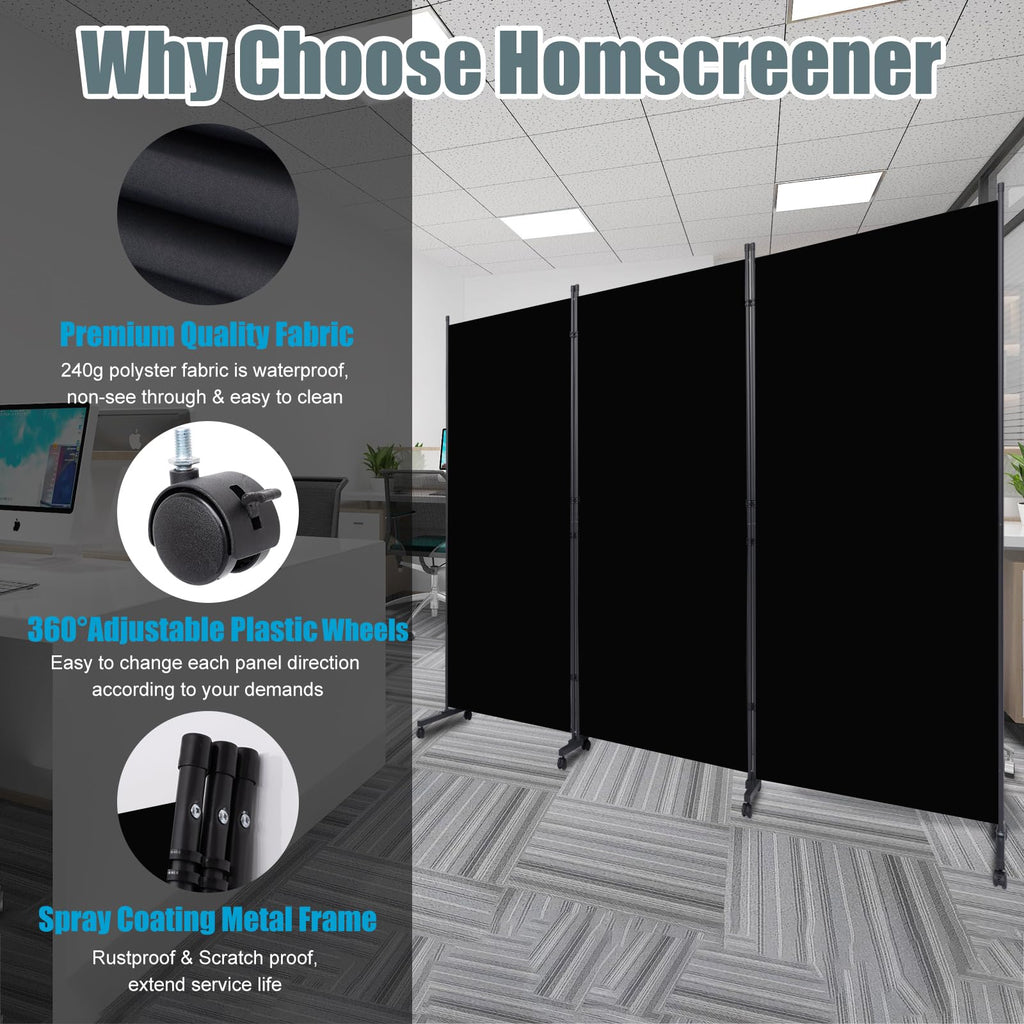 Room Divider 102'' Wide Folding Privacy Screen, 3 Panel Wall Divider w/Wheel
