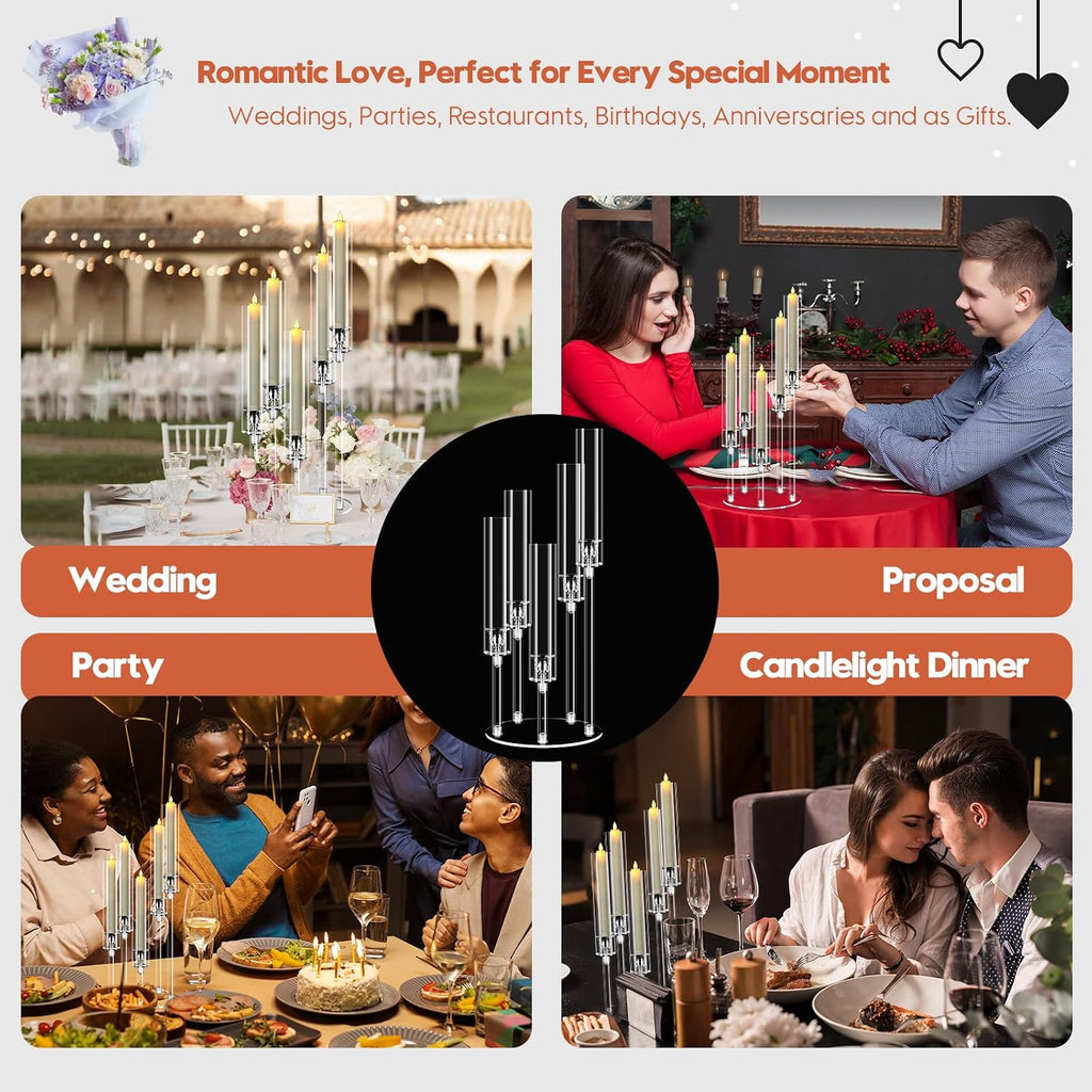 4 Set 5 Arm Acrylic Candle Holder, Mjkeomo 22'' Tall Candelabra Centerpieces for Tables, Candlesticks Holder with Lampshade for Housewarming Gift Fireplace Dinner Decor Fit 0.82'' LED Candle