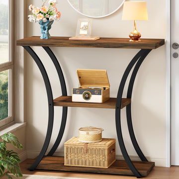 3 Tier Console Table with Open Wood Shelves, Decorative Entryway Table with Curved Metal Frames, Narrow Sofa Table