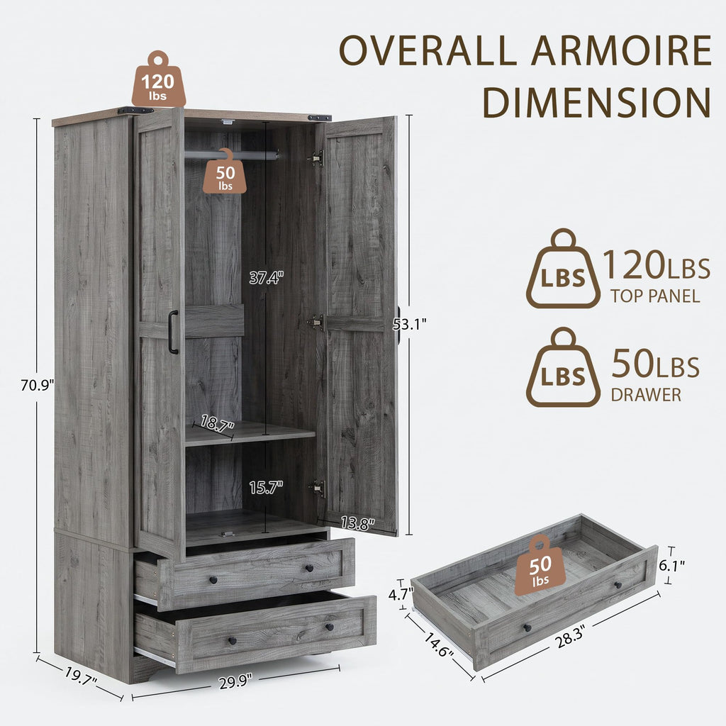 71" Wooden Armoire Wardrobe Closet with 2 Doors & 2 Drawers, Grey