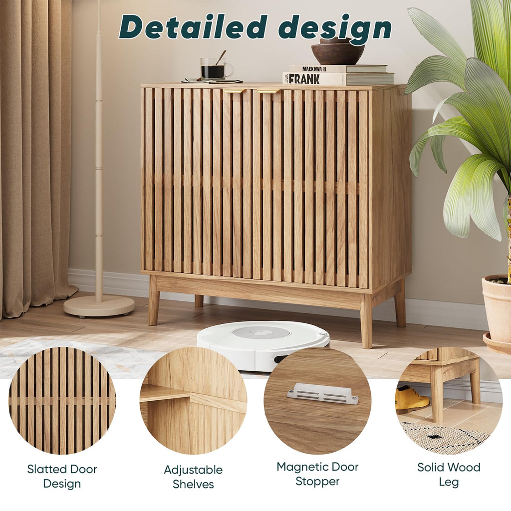 Wooden Sideboard Buffet Cabinet with Slatted Ventilation Doors & Adjustable Shelf, Sideboard Cabinet Storage Cabinet