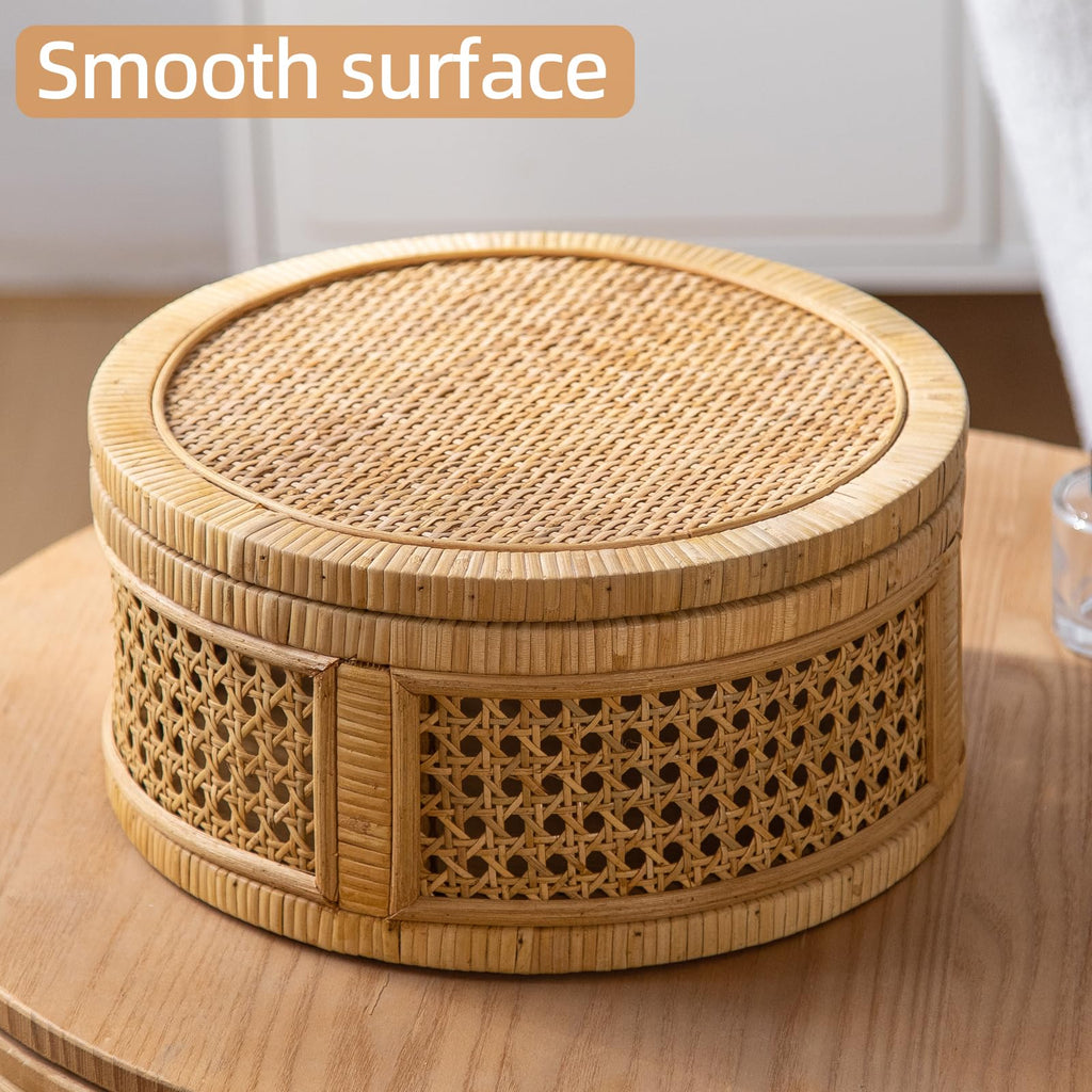 Rattan Decorative Box, Boho Decorative Boxes with Lids, Set of 2 Round Farmhouse Wicker Storage Box, Natural Woven