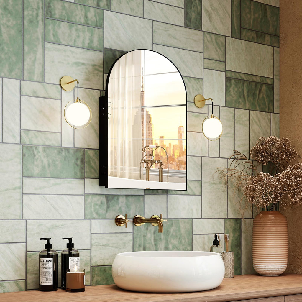 Arched Recessed Medicine Cabinet with Mirror, 20 x 30 Inch, Black Frame