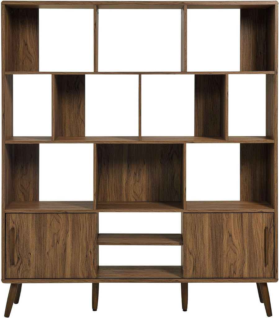 Transmit 14 Shelf Bookcase with Sliding Doors in Walnut - 59 Inch Wood Mid-Century Modern Bookshelf - 4 Tier Wide