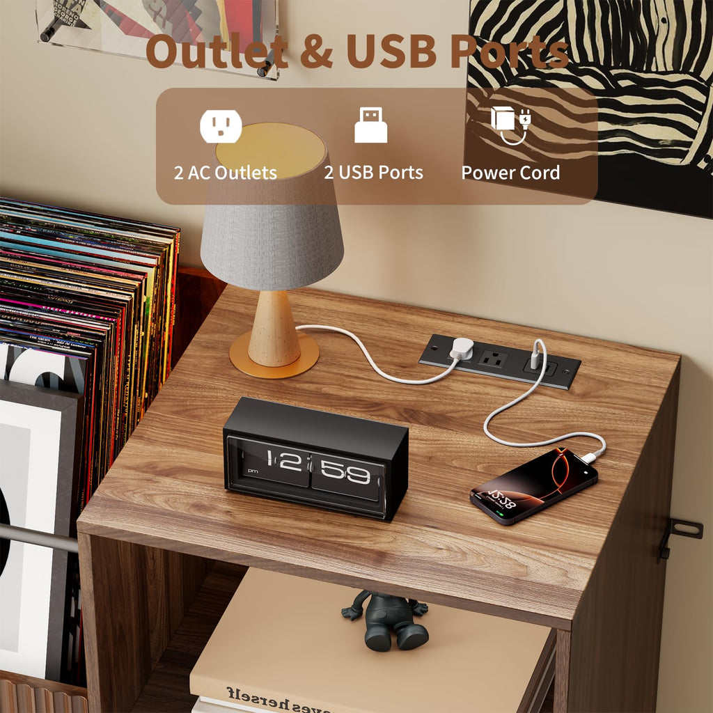 Record Player Stand with Sliding Door, 300+ Vinyl Record Storage