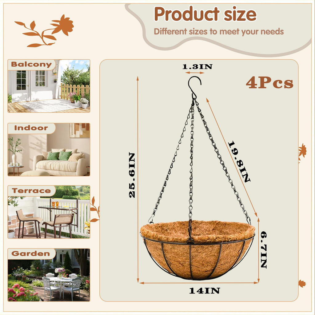 14 inch Metal Hanging Baskets For Plants Outdoor 4 Pack Round Metal Wire Hanging Basket Planter with Coco Fiber