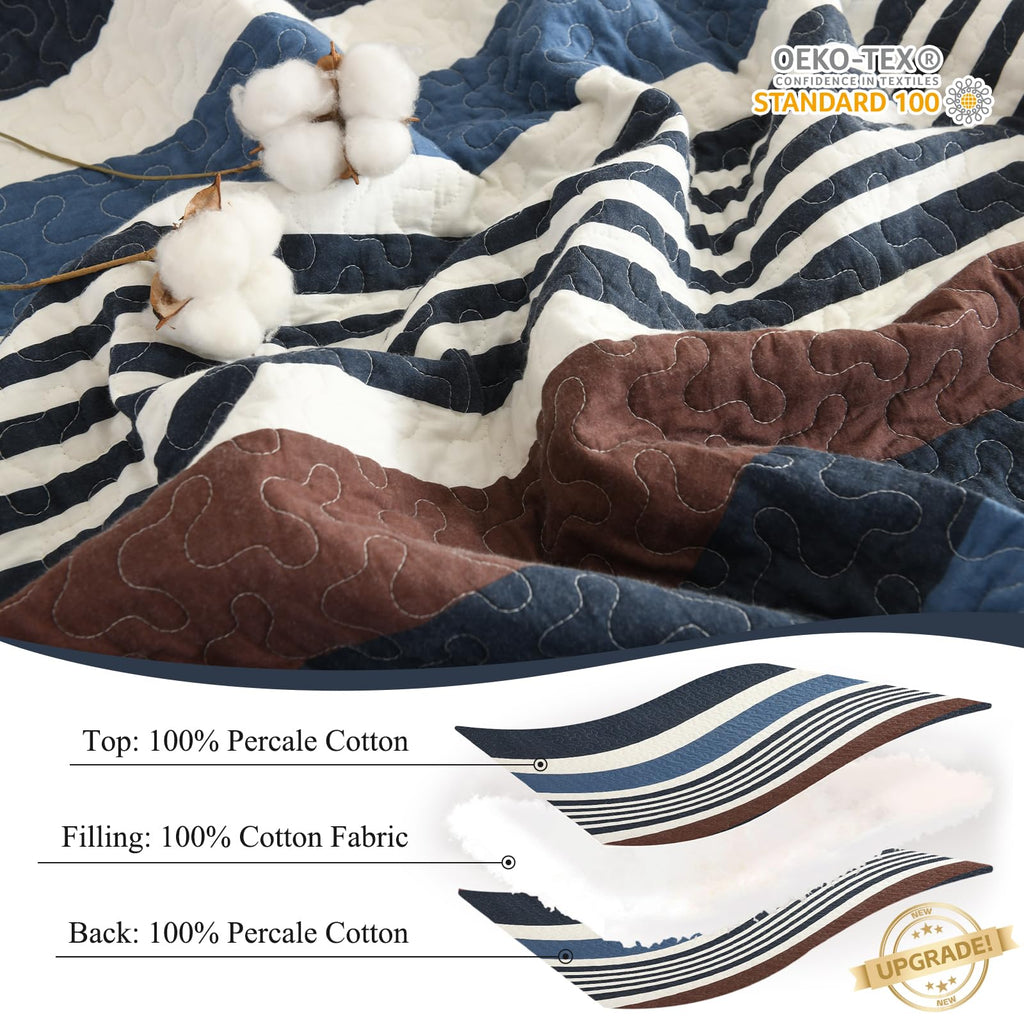 Quilts, Blue Brown/Cream Striped Design Quilt Set
