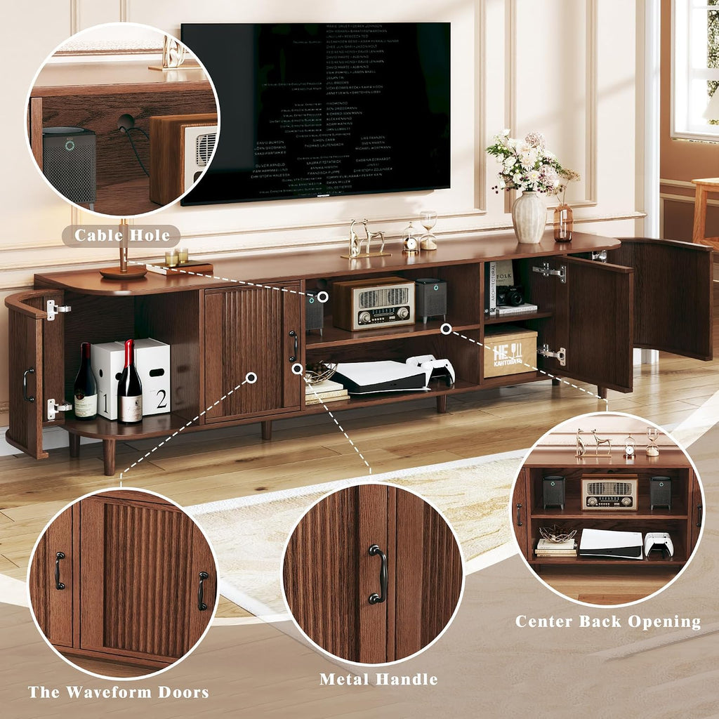 TV Stand for 75 inch TV, Mid Century Modern Entertainment Center for 55/60/65/75 inch TV, with Fluted Door Cabinets &