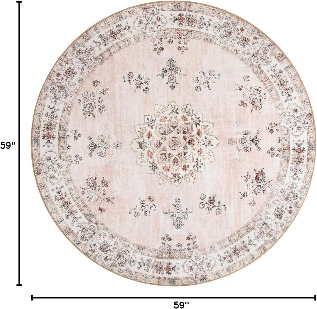 Pink Washable Round Rug 5ft, Soft Europe Vintage 5x5 Circle Rug Kids Playroom, Non-Slip Floral Pastel Circular Carpet