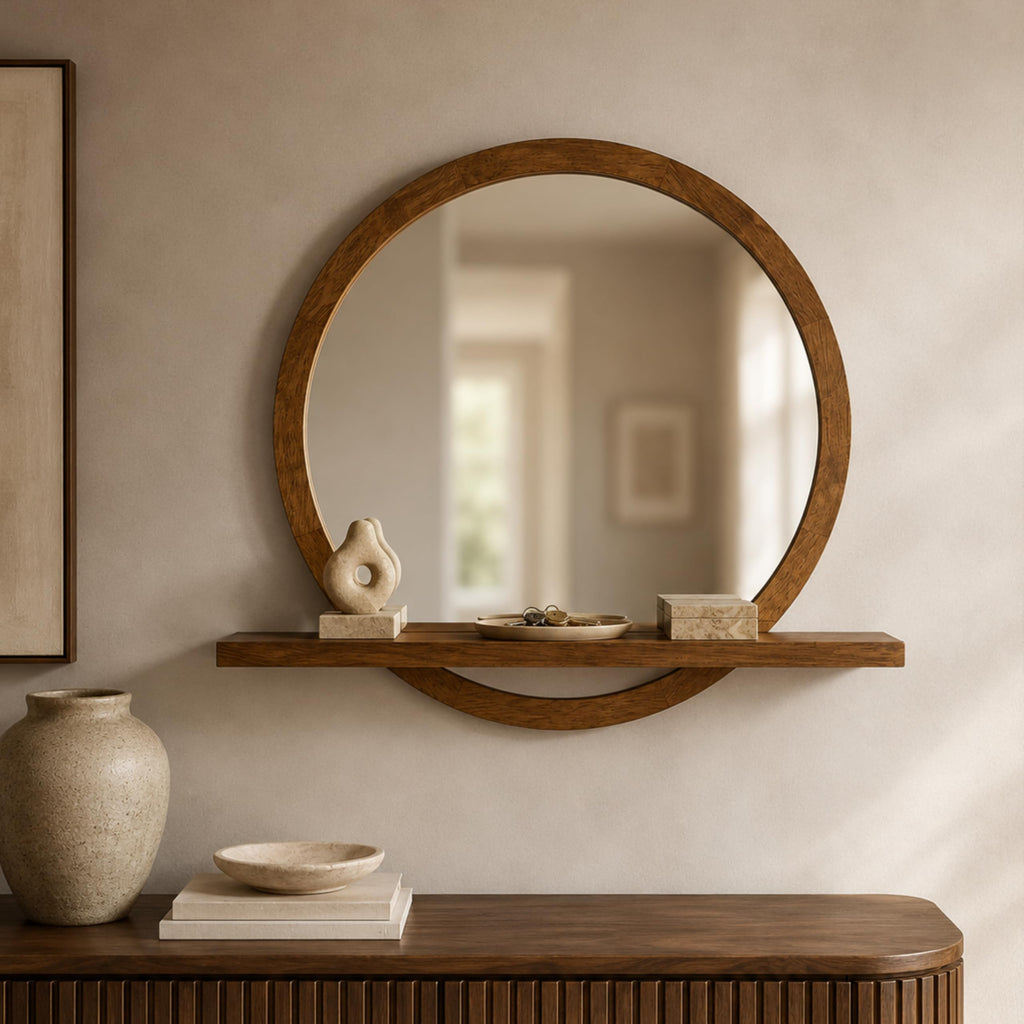 18" Round Wall Mirror with Shelf, Solid Wood Frame