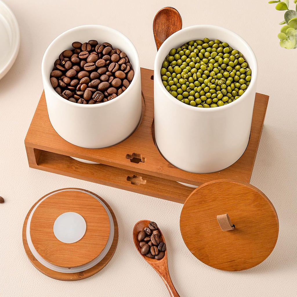 White Ceramic Canister with Bamboo Lids, Wooden Stand & Spoons - 35oz & 28oz Airtight Food Storage Jars - Set of 2