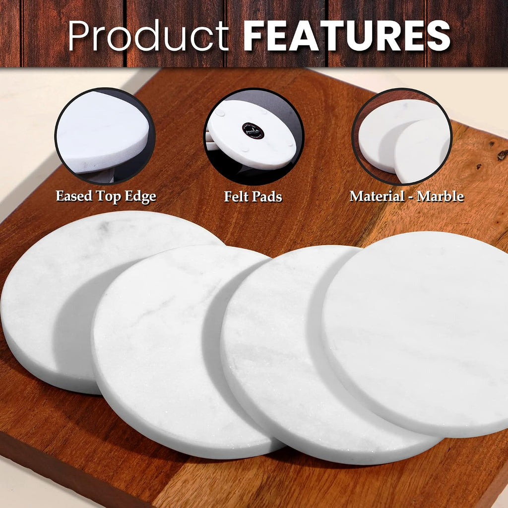 Marble Coasters - White, Round Stone Mat - Set of 4