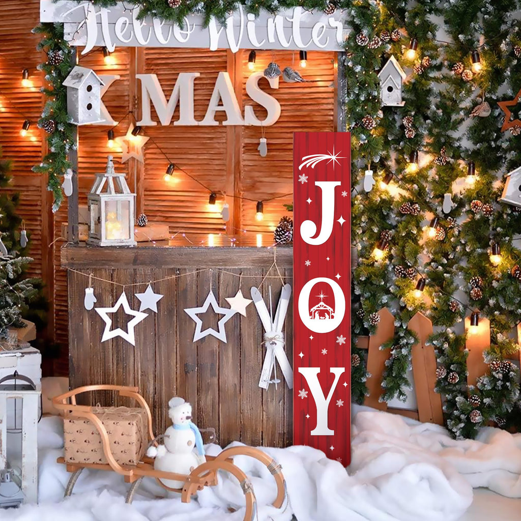47 Inch Christmas Porch Sign, Large Vertical JOY Wooden Welcome Sign with Snowflakes, 3-Panel Farmhouse Front Door