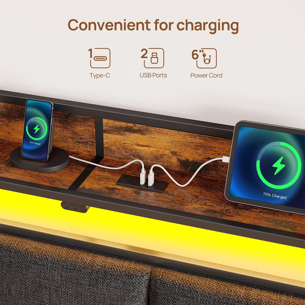 Bed Frame Full Size with Charging Station and LED Lights, Upholstered Storage Headboard with Drawers, Heavy Duty