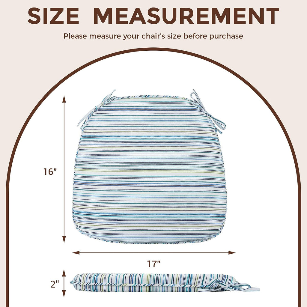 Indoor/Outdoor Chair Cushions Set of 4, 17x16x2Inch-Blue Stripe | Round Corner Patio Chair Pads with Ties