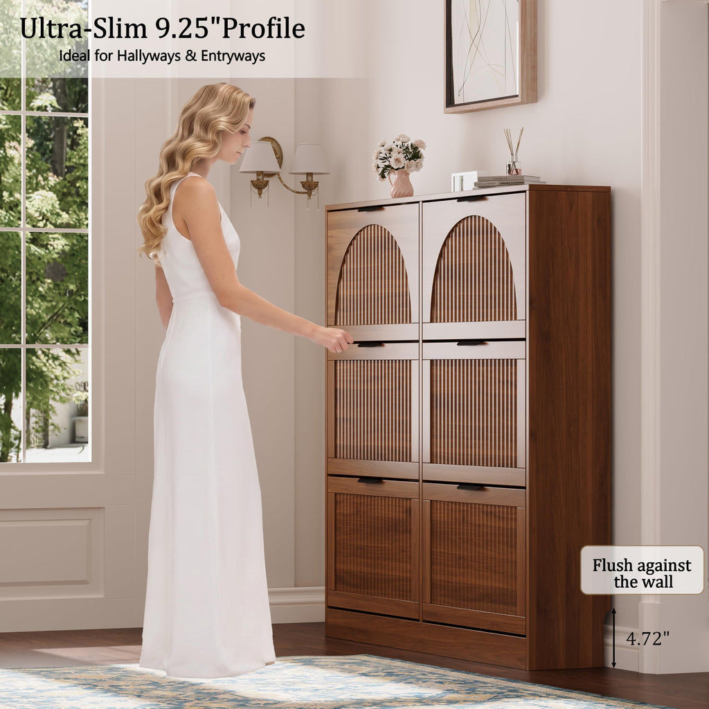Fluted Shoe Storage Cabinet, 6 Flip Drawers, Walnut
