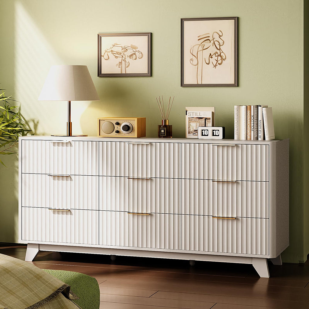 9 Drawer Dresser White Fluted Dresser with Rounded Edges, 57" Long Wood Dressers White and Gold, 57" W*15.75"