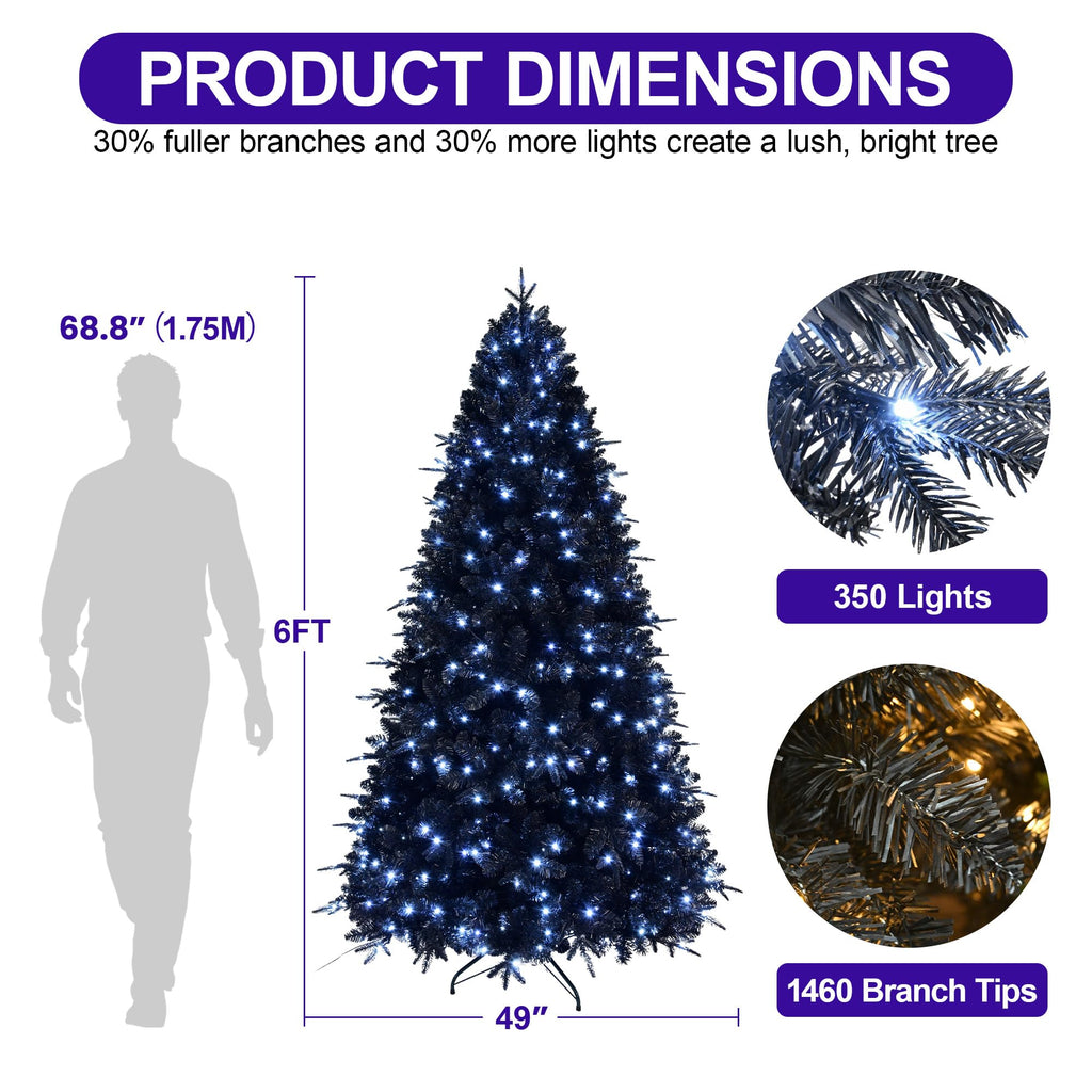 6FT Pre-Lit Black Christmas Tree with Cold White Lights for Halloween