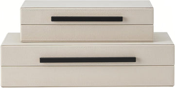 Shagreen Decorative Box, Modern Faux Leather Beige Decorative Storage Boxes with Lids and Metal Handles - Set of 2