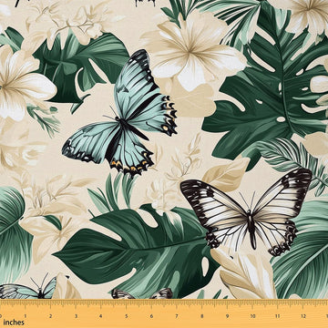 Green Palm Leaves Fabric by The Yard Watercolor Wild Butterfly No Stretch Sewing Fabrics Natural Flowers Jungle