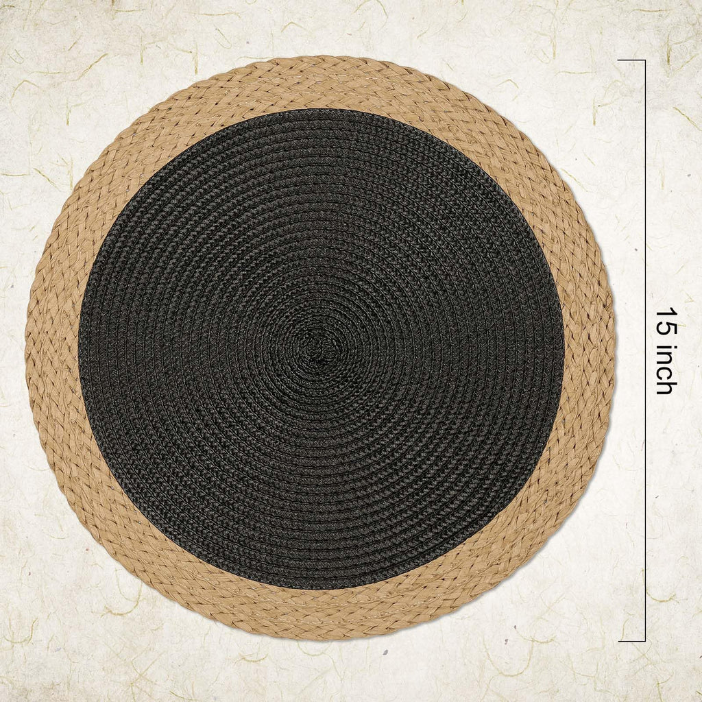 Round Placemats Set of 6, Woven Table Mats, Wide Edge, Black