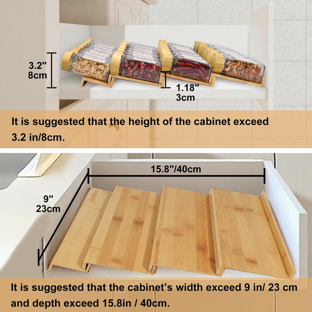 Spice Drawer Organizer with 20 Bamboo-lidded Spice Jars,216 Labels,25 Non-slip Rubber, Bamboo 4 Tier Seasoning Rack