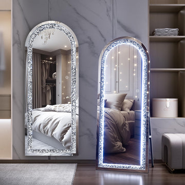 59"×18" LED Full-Length Mirror Arch Design with Crystal Crush Diamond, Wall Mounted Diamond Mirror Leaning Bedroom