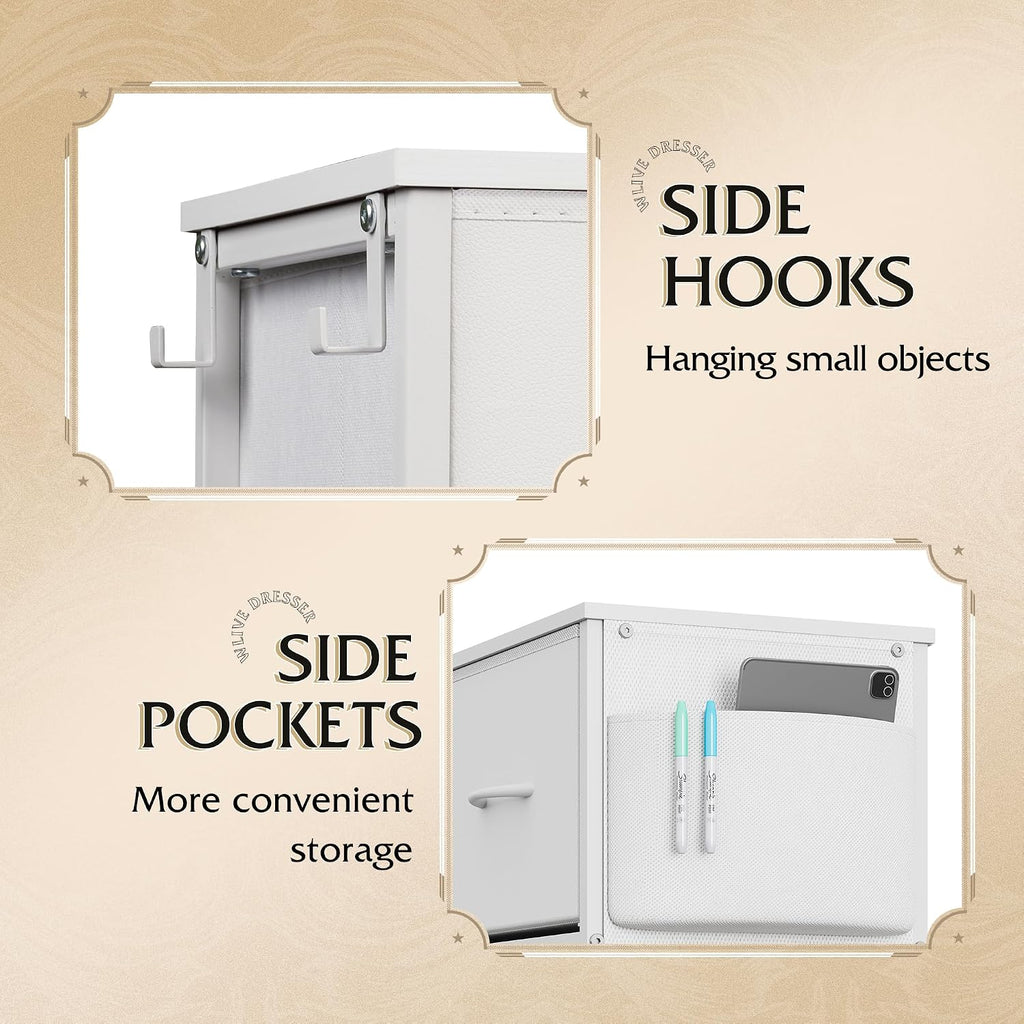 10 Drawer White Fabric Dresser , Side Pockets Chest | White Fabric chest of drawers with side pockets & hooks