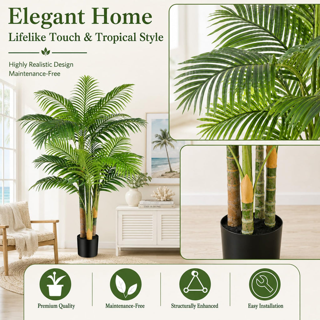5ft Triple Golden Cane Palm Artificial Tree, Tall Faux Palm Tree with 19 Realistic Leaves, UV Resistant Fake Tropical