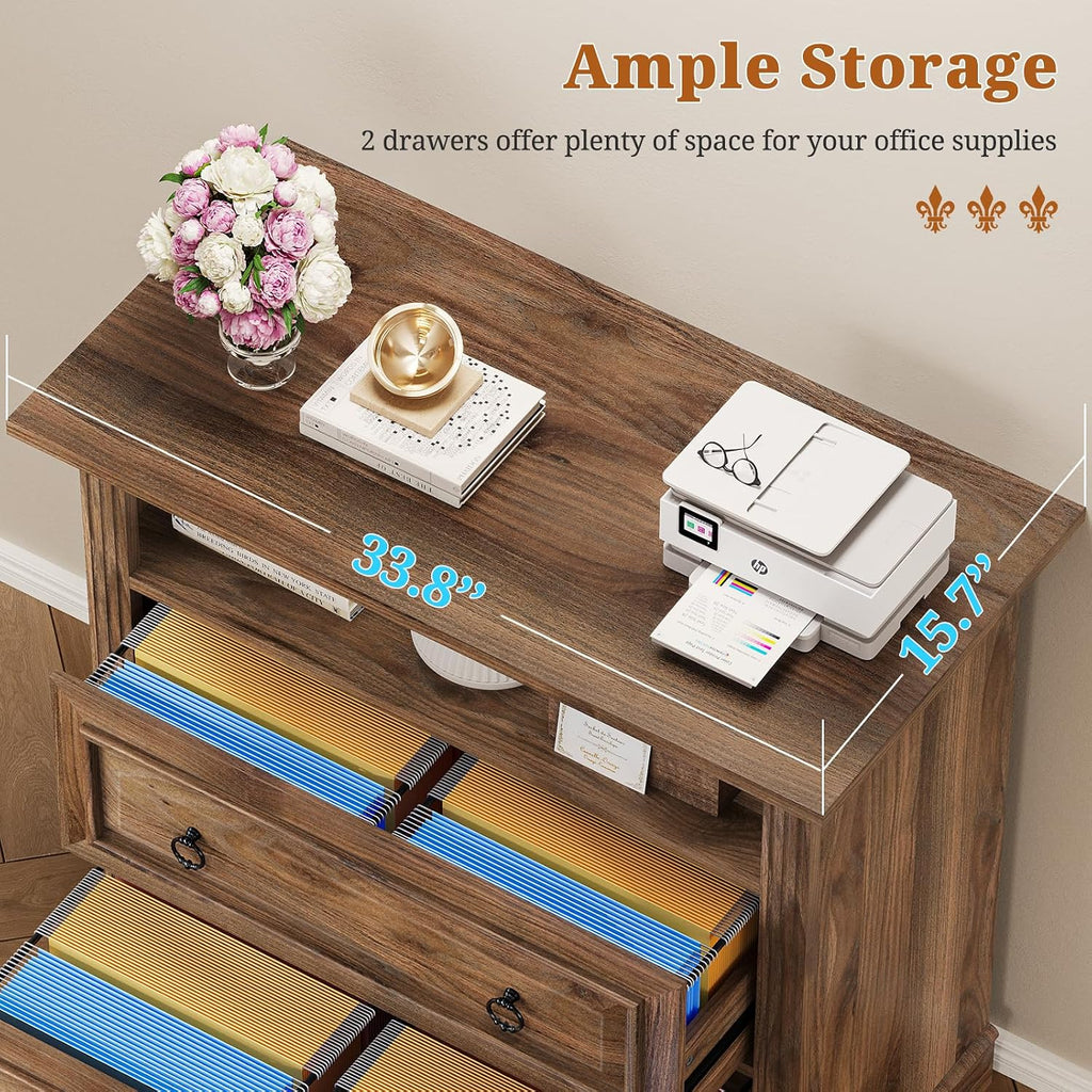 2 Drawer File Cabinet, Farmhouse Filing Cabinet Fits Letter, Legal, A4 Size, Wood Lateral File Cabinet with Printer