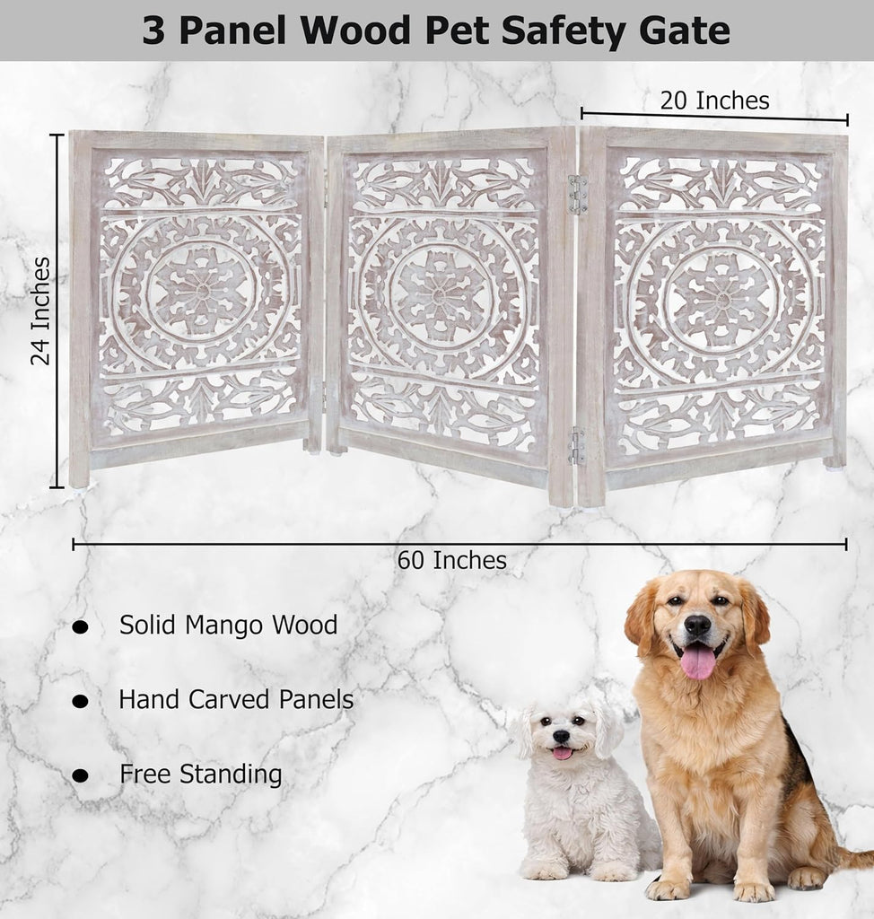 Wooden Foldable Pet Dog Gate - Hand Carved 3-Panel 60 W x 24 H