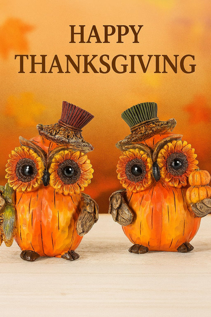 Set of 2 Thanksgiving Decorations Owl Figurines - Hand-Painted Resin Pumpkin Owls with Sunflower Eyes & Hats, 4.7"