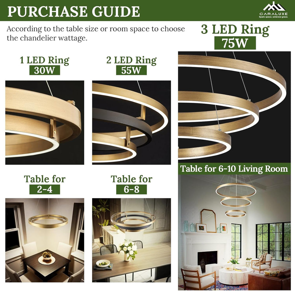 LED 3-Ring Chandelier Gold Dimmable Modern Pendant Light with Remote Control Vintage Brass LED Circle Chandelier for Dining Room Entry Foyer Bedroom Living Room,75W