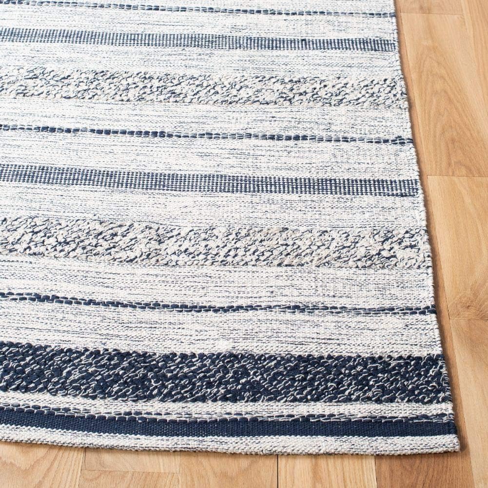 Area Rug - Striped Kilim Collection - Large - Ivory & Navy, Handmade Flat Weave Cotton, Ideal, Dining Space