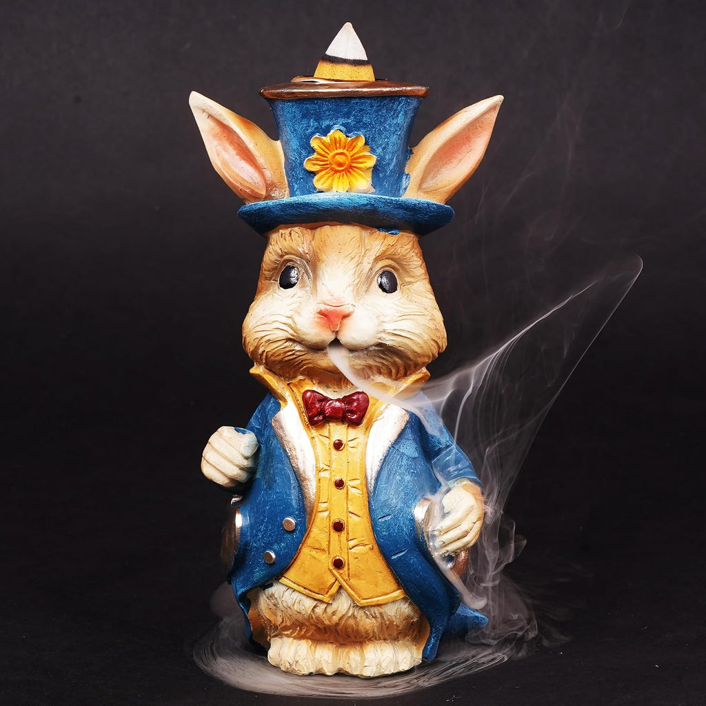 Alice in Wonderland Rabbit Backflow Incense Burner | 6.25 x 2.5 Inches | Hand-Painted Cold Cast Resin Decorative