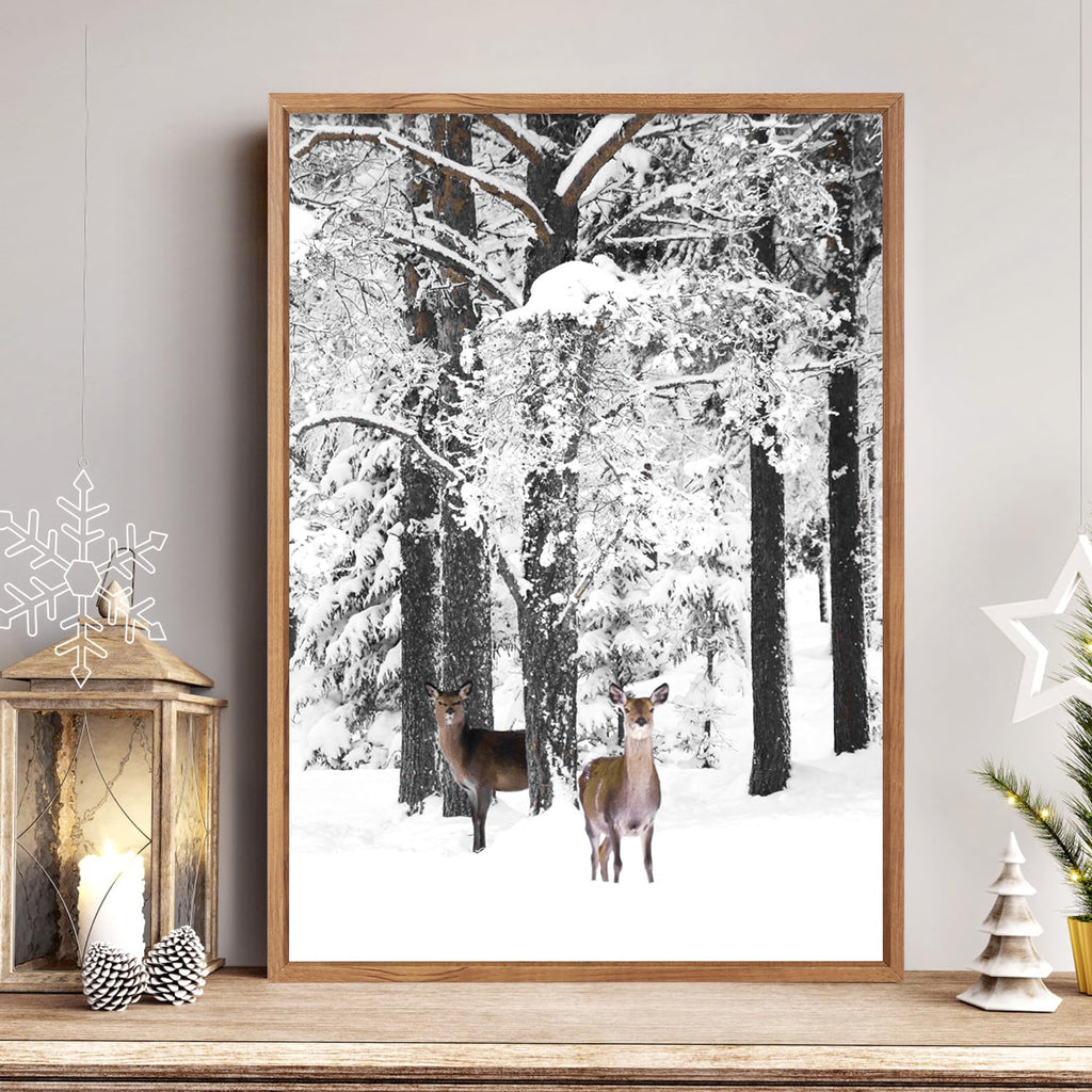 Winter Wonderland Framed Canvas Wall Art Set Of 3, Nature Deer Wall Decor, Snowy Landscape Wall Painting, Farmhouse