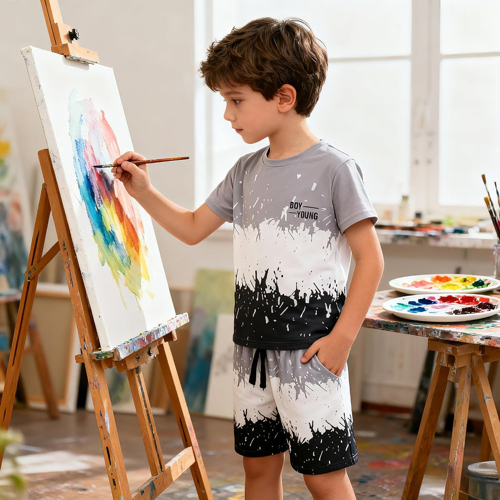 Tween Boy Casual Clothing Set Letter Graphic Colorblock Tee +Shorts Summer Clothing Set