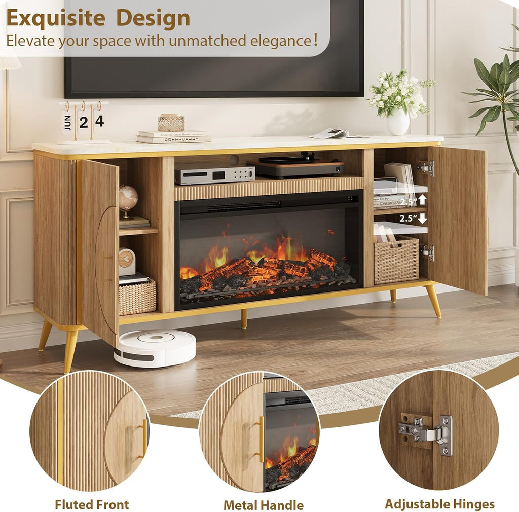 Fluted Fireplace TV Stand Up to 80" TVs, Modern Entertainment Center with 30" Electric Fireplace, Luxury Media