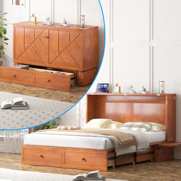 Queen Murphy Bed with Mattress Included, Folding Convertible Bed, Hideaway Cabinet Bed with Storage Drawer & USB