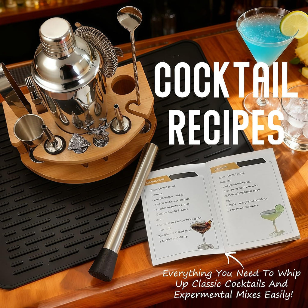 Silicone Pad Included Cocktail Shaker Set Bartender Kit,Mixology Bartender Kit 13-Piece with Bamboo Stand,Martini - Set of 13