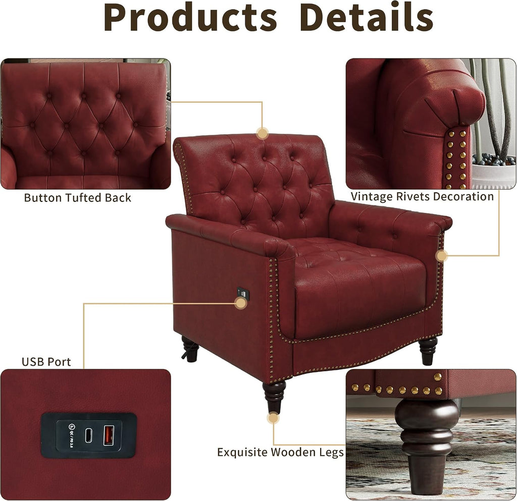 Mid Century Accent Chair, Faux Leather Armchair with Wooden Legs, Wine Red