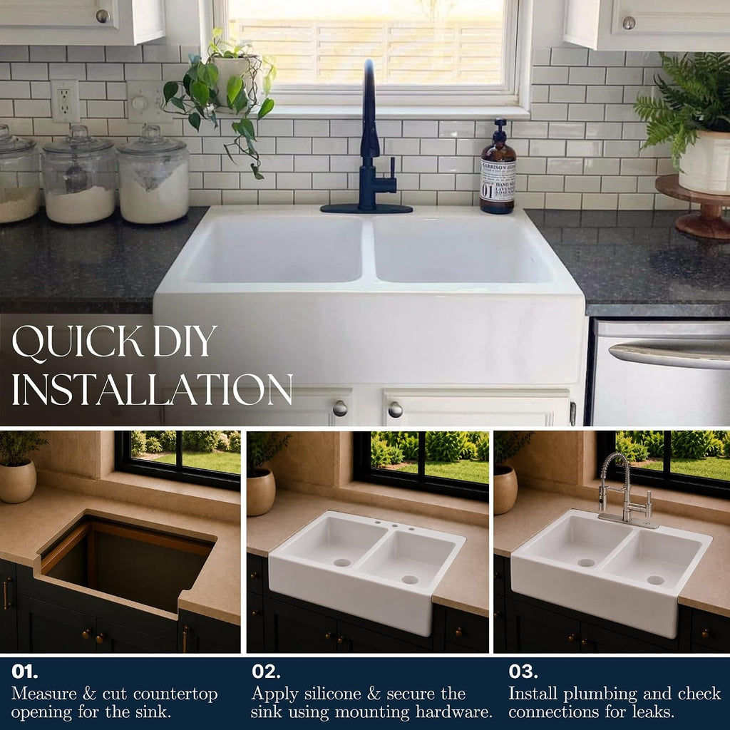 Parker 34 in White Fireclay Farmhouse Sink, Double Bowl | Quick-Fit drop-in apron front, no countertop removal