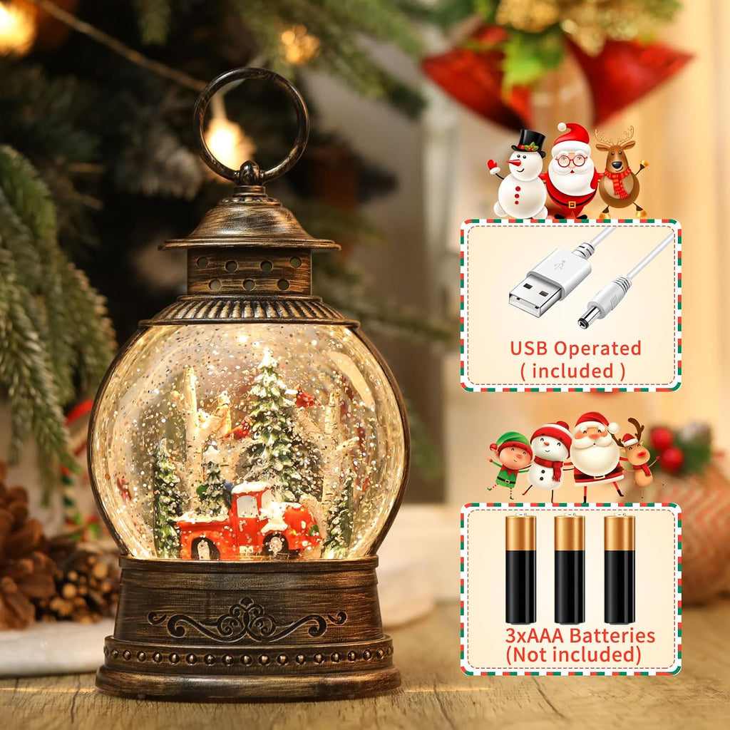 Red Truck Christmas Snow Globes, Light Up Musical Snow Globe Christmas Decorations, 6H Timer, USB/Battery Operated