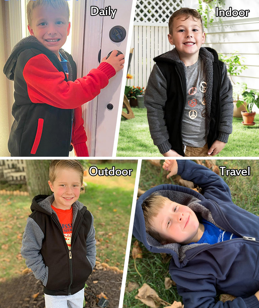 Kids Hoodie Fleece Jacket Warm Sherpa Lined Zip Up Hooded Sweatshirt Soft Winter Coat Boys Girls School Outerwear