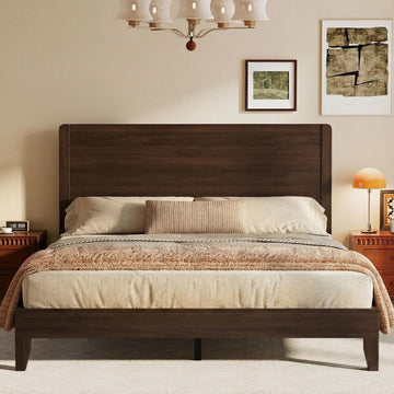 Wood Queen Bed Frame, Platform Bed with Tall Headboard, Solid Wood Slat Support, Noise-Free Mattress Foundation, No